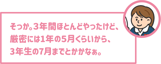 【学生】そっか。３年間ほとんどやったけど、厳密には1年の５月くらいから、3年生の７月までとかかなぁ。