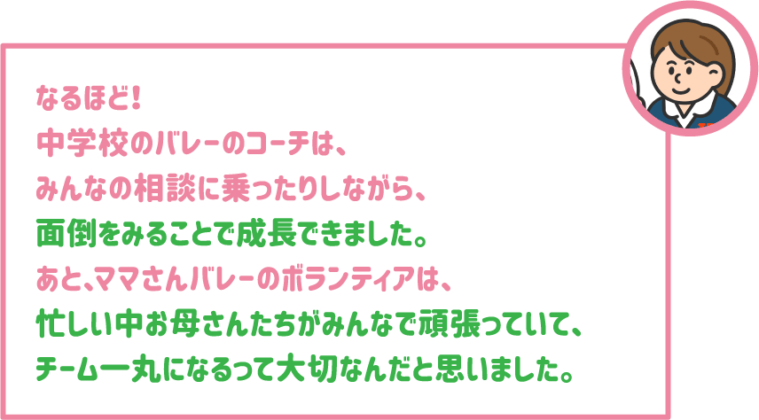 【学生】なるほど！中学校のバレーのコーチは、みんなの相談に乗ったりしながら、面倒をみることで成長できました。あと、ママさんバレーのボランティアは、忙しい中お母さんたちがみんなで頑張っていて、チーム一丸になるって大切なんだと思いました。