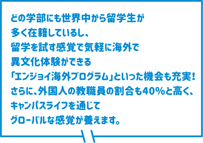 どの学部にも世界中から留学生が多く在籍しているし、留学を試す感覚で気軽に海外で異文化体験ができる「エンジョイ海外ブログラム」といった機会も充実！さらに、外国人の教職員の割合も40%と高く、キャンパスライフを通じてグローバルな感覚が養えます。